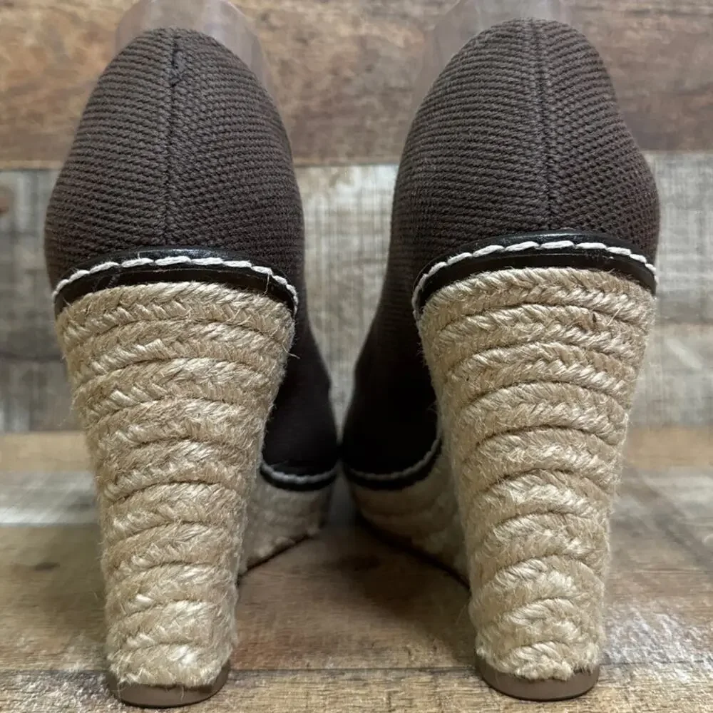 Tory Burch Jackie Brown Canvas Peep Toe Espadrille Wedge Heels Shoes Size 9.5
